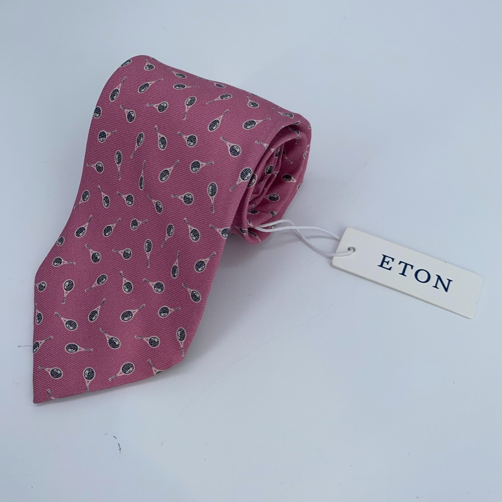 Eton Tie Men One Size Pink Racket Print Silk Classic Fit Necktie Italy Made Nwt
